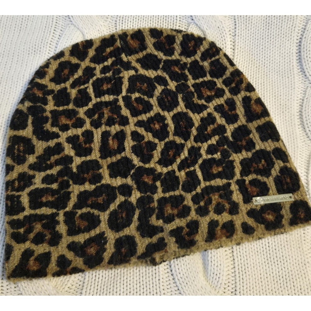 Michael Kors Leopard Print Knit Beanie Hat Brown Black Acrylic Women's OSFA